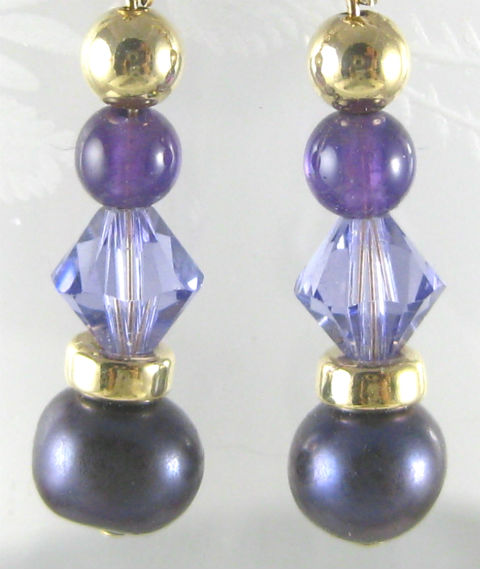Amethyst, Freshwater Pearl and Crystal Earrings in Gold