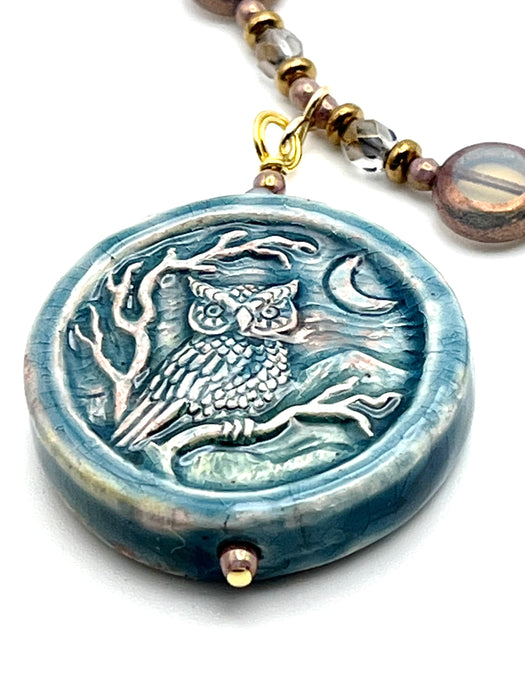 "The Owl" Necklace in Czech Glass with a Porcelain Owl Pendant