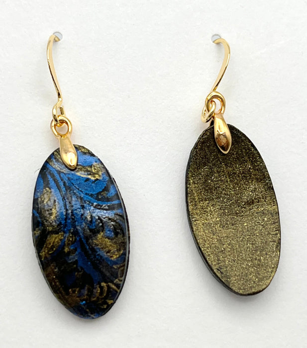 Oval Blue & Gold Polymer Clay Earrings